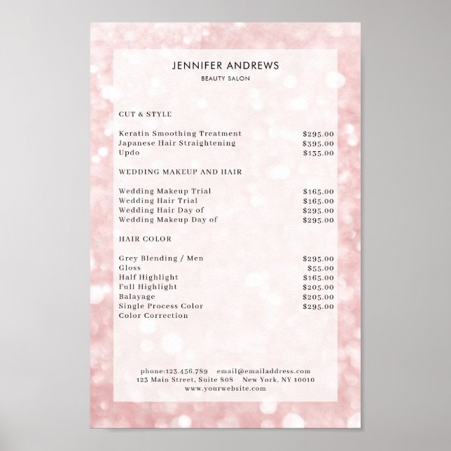 Modern, rose glitter salon price list Poster (Front)