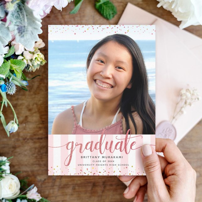 Modern rose glitter script girly photo graduation announcement (Creator Uploaded)