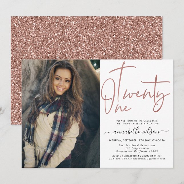 Modern Rose Gold 21st Birthday Photo Invitation (Front/Back)