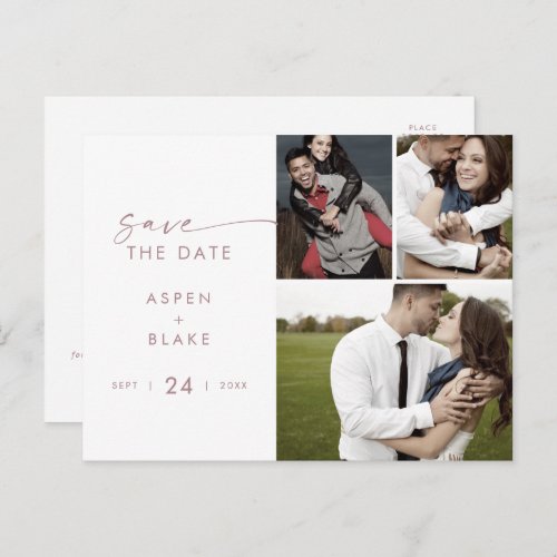 Modern Rose Gold 3 Photo Collage Save the Date Invitation Postcard