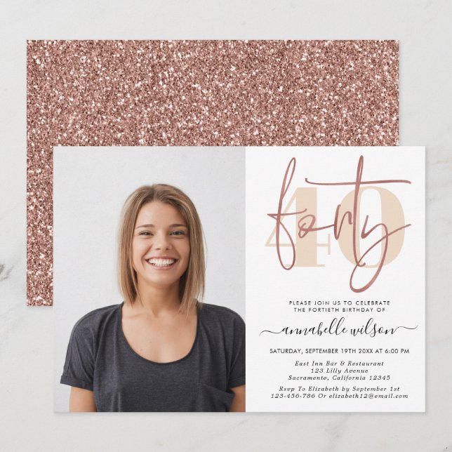 Modern Rose Gold 40th Birthday Photo Invitation (Front/Back)