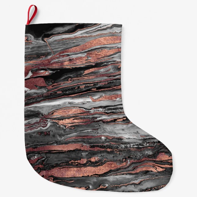 Modern rose gold abstract marbleized paint large christmas stocking (Front)