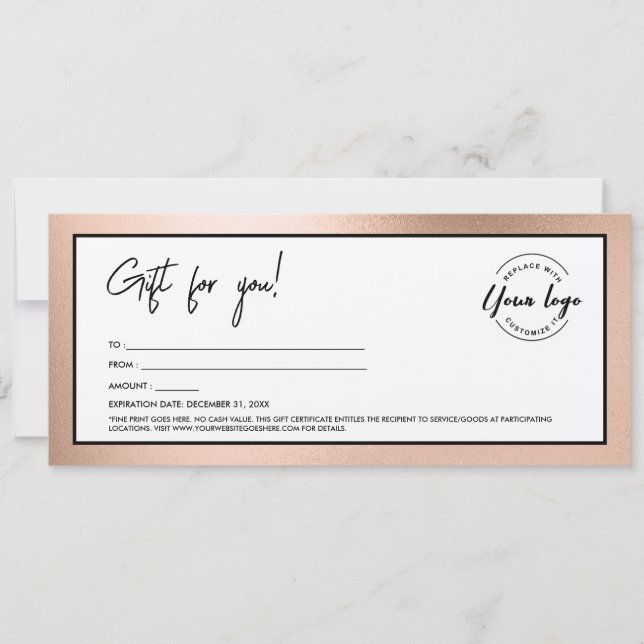 Modern Rose Gold Add Logo Gift Certificate Invitation (Front)