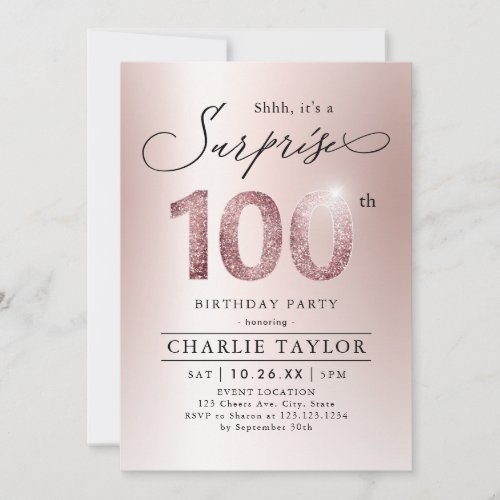 Modern rose gold adult surprise 100th birthday invitation