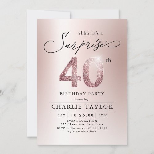 Modern rose gold adult surprise 40th birthday invitation