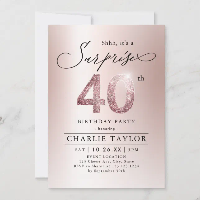 Modern rose gold adult surprise 40th birthday invitation | Zazzle