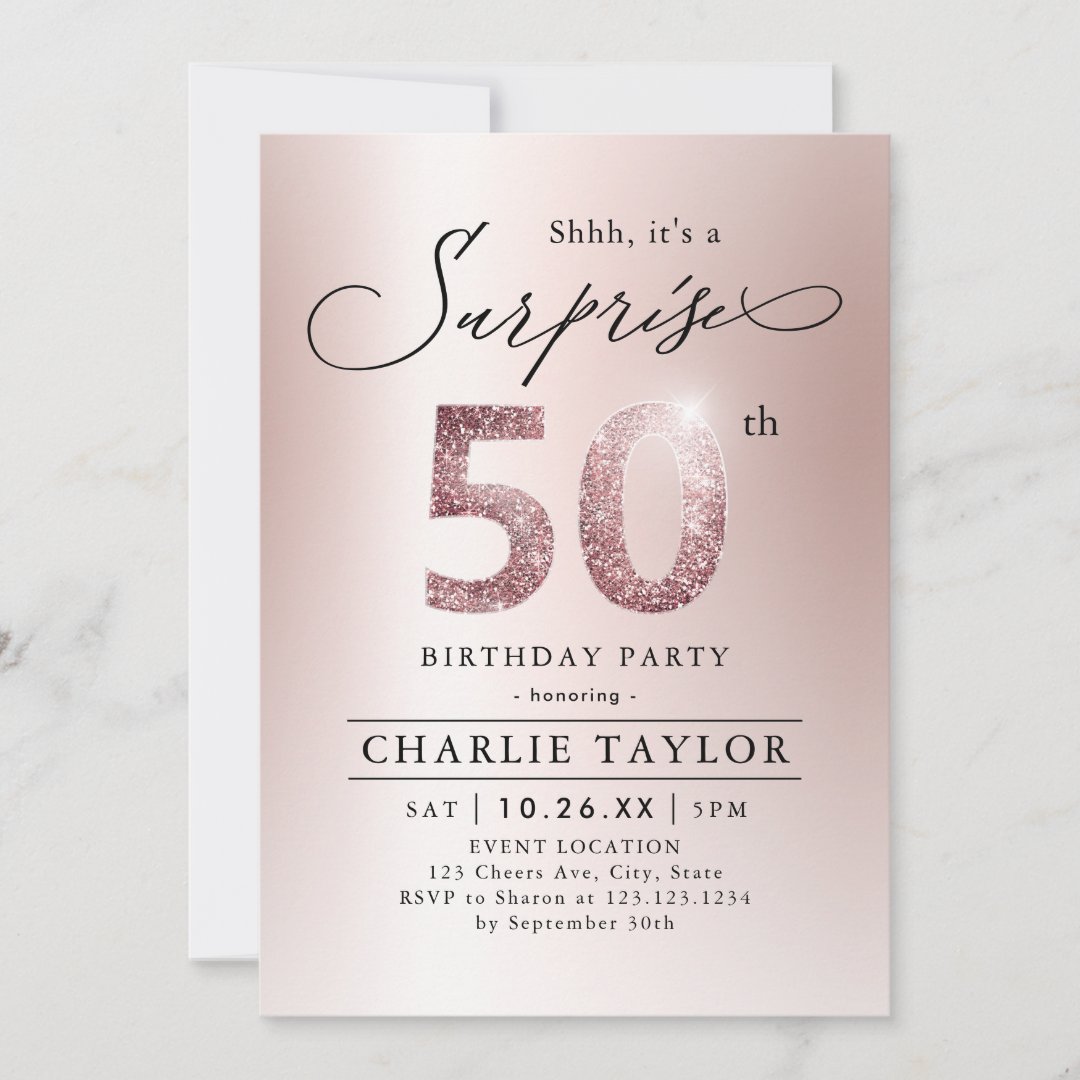 Modern rose gold adult surprise 50th birthday invitation | Zazzle