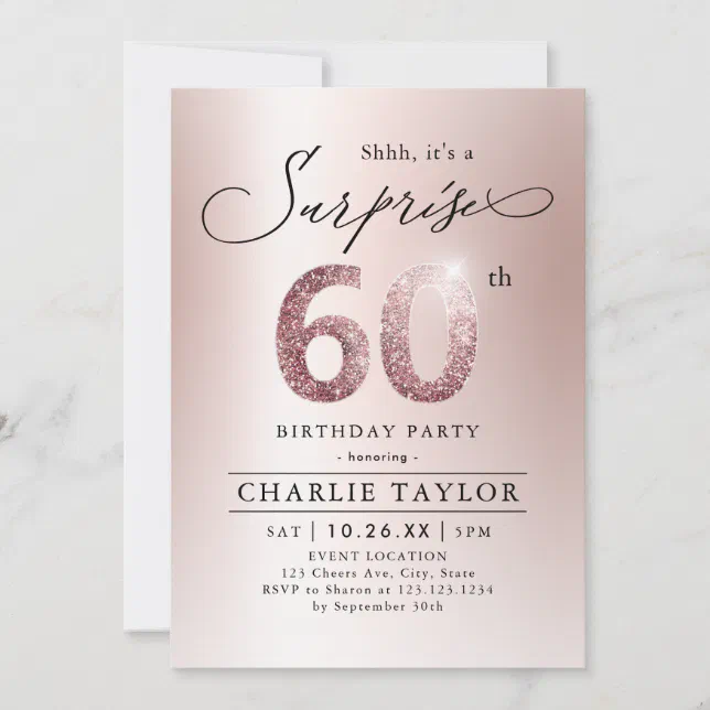 Modern rose gold adult surprise 60th birthday invitation | Zazzle