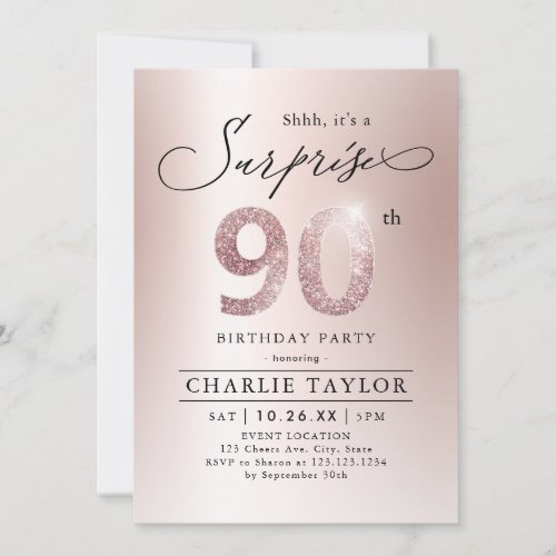 Modern rose gold adult surprise 90th birthday invitation