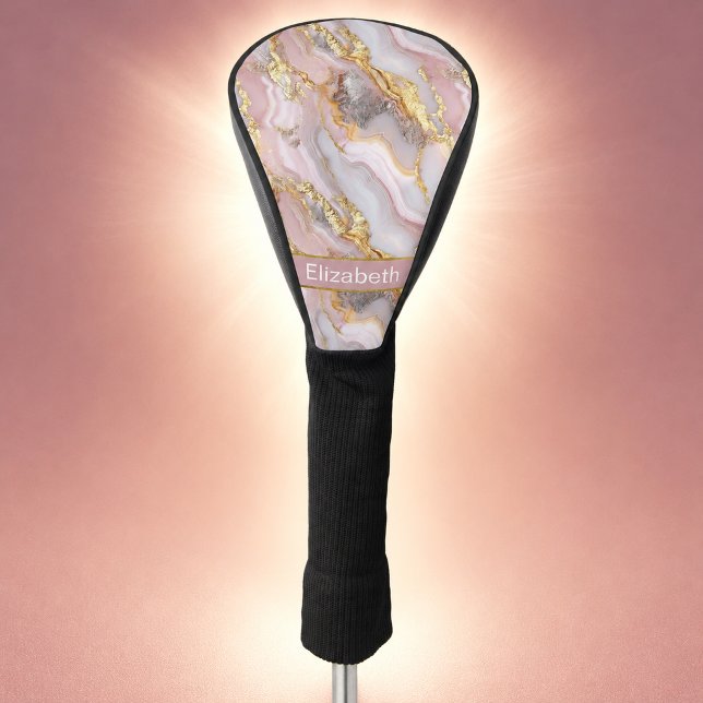 Modern Rose Gold Agate Patterned Personalized Golf Head Cover (Modern rose gold agate patterned and personalized golf club cover for women.)