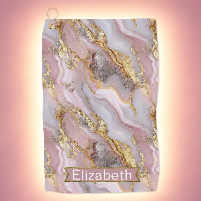 Modern Rose Gold Agate Patterned Personalized Golf Towel (Modern Rose Gold Agate Patterned and Personalized Golf Towel For Women)