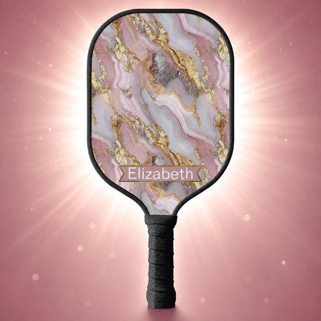Modern Rose Gold Agate Patterned Personalized Pickleball Paddle (Modern Rose Gold Agate Patterned and Personalized Pickleball Paddle For Women.)
