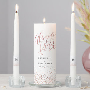 Modern Rose Gold Always And Forever Script Wedding Unity Candle Set