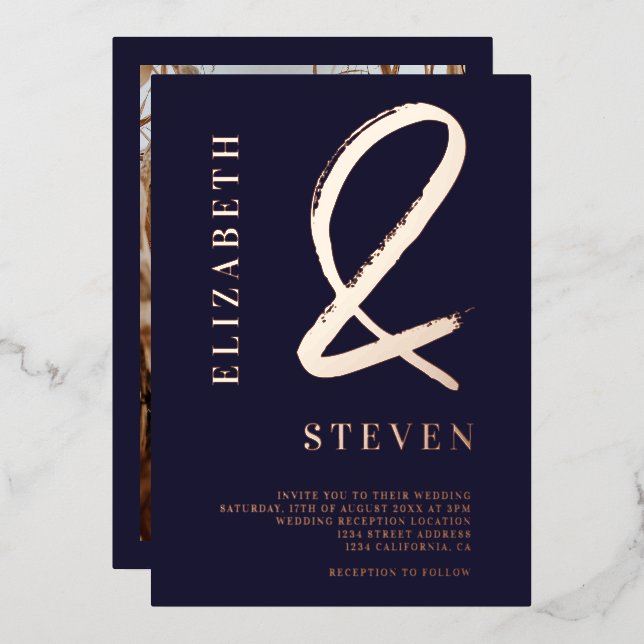 Modern rose gold ampersand names photo wedding foil invitation (Front/Back)