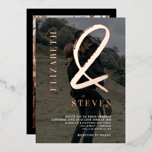 Modern rose gold ampersand names photo wedding foil invitation