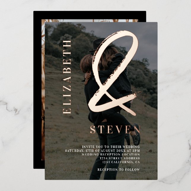 Modern rose gold ampersand names photo wedding foil invitation (Front/Back)