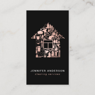 Modern Rose Gold And Black Cleaning Services Business Card
