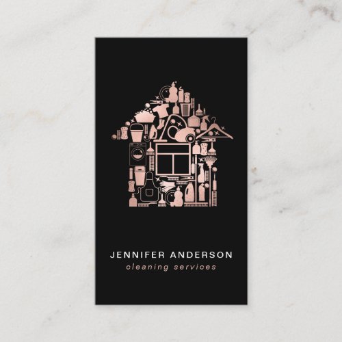 Modern Rose Gold And Black Cleaning Services Business Card