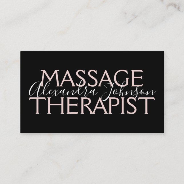 Modern Rose Gold and Black Massage Therapist Business Card (Front)