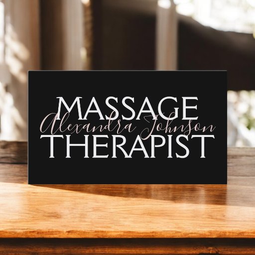Customizable Modern Rose Gold and Black Massage Therapist Business Card