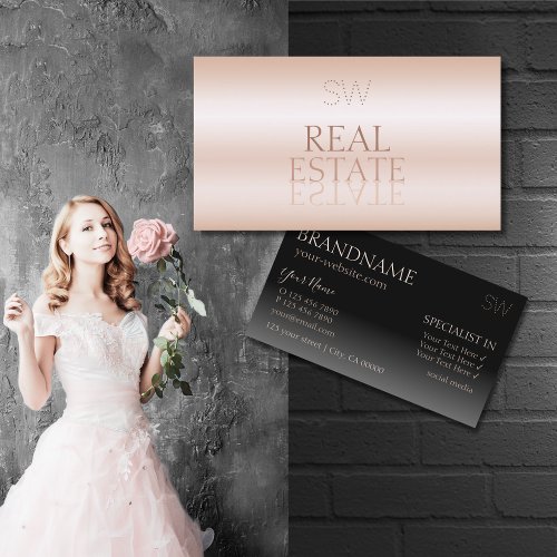 Modern Rose Gold and Black Mirror Letters Monogram Business Card