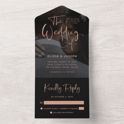 Modern Rose Gold and Black Overlay  Photo Wedding All In One Invitation
