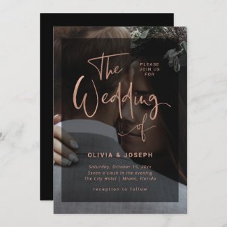 Black and Rose Gold Wedding Invitations with Photo overlay