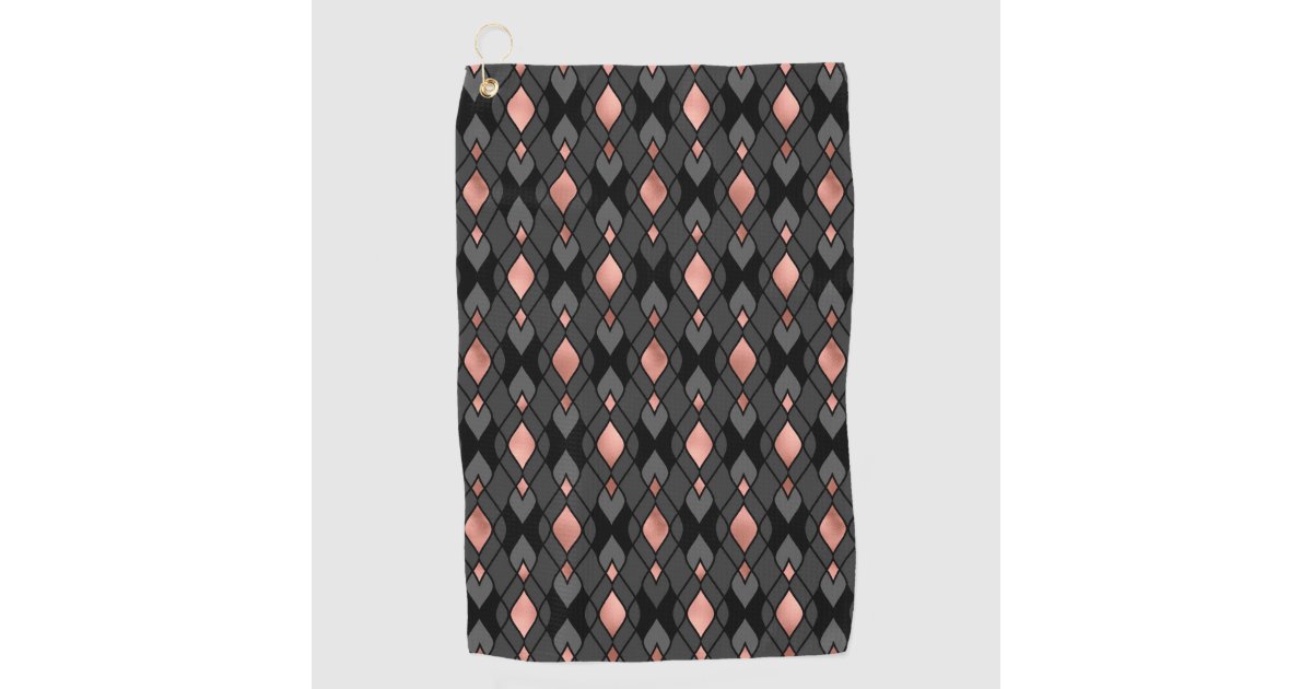 Rose Gold Glitter Diamonds on Black Monogram Golf Towel, Zazzle