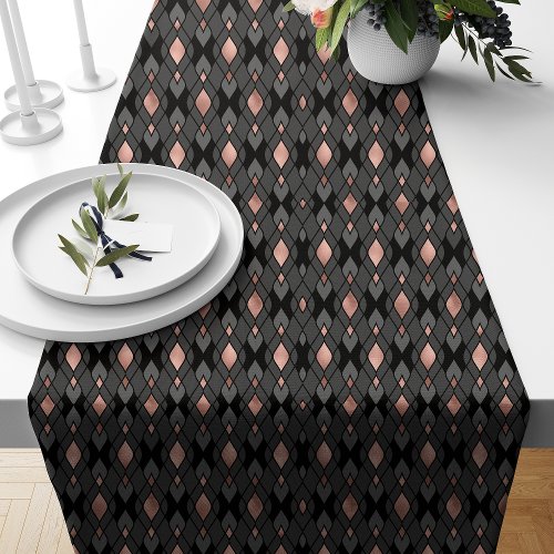 Modern Rose Gold and Black Peacock Feathers Short Table Runner