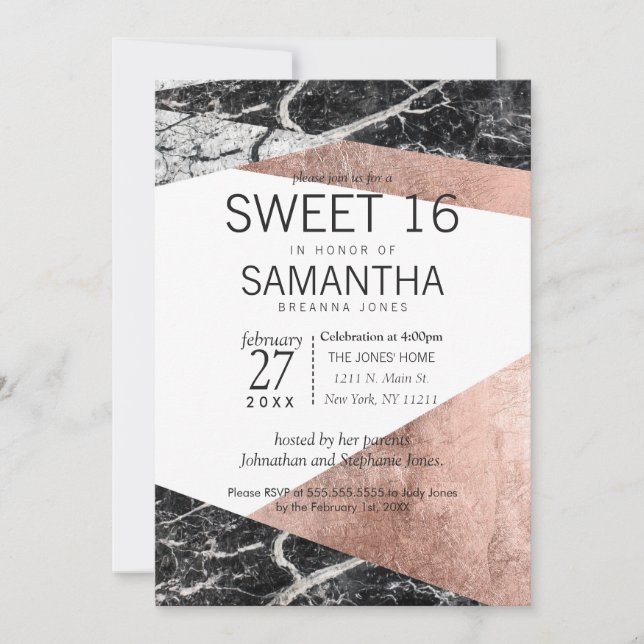 Modern Rose Gold and Marble Sweet 16 Invitations (Front)