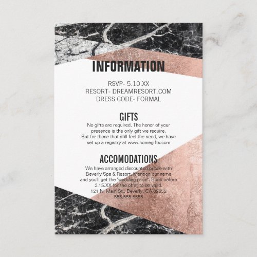 Modern Rose Gold and Marble Wedding Information Enclosure Card