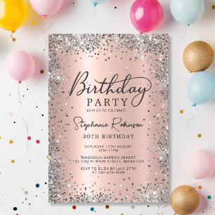 Modern Rose Gold and Silver Glitter 30th Birthday Invitation