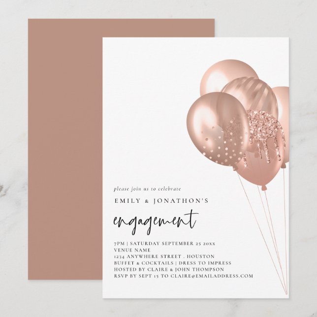Modern Rose Gold Balloons Engagement Party Invitation (Front/Back)