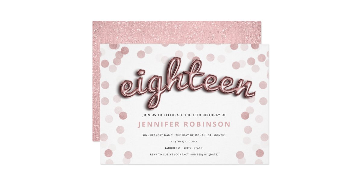 Modern Rose Gold Balloons Glitter 18th Birthday Invitation Zazzle Com