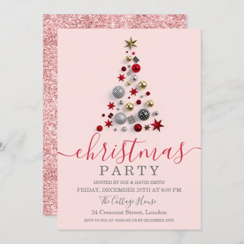 Modern Rose Gold Bauble Tree Holiday Christmas Invitation