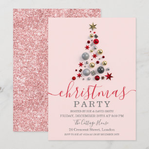 Modern Rose Gold Bauble Tree Holiday Christmas Invitation