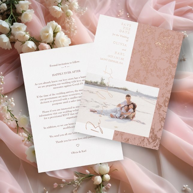 Modern Rose Gold Be Our Guest Photo Couple Foil Invitation (Modern Real Rose Gold Be Our Guest Photo Couple Real Metallic Foil Save the Date Card with Envelope.)