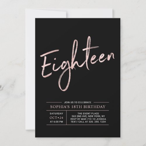 Modern Rose Gold  Black 18th Birthday Party Invitation