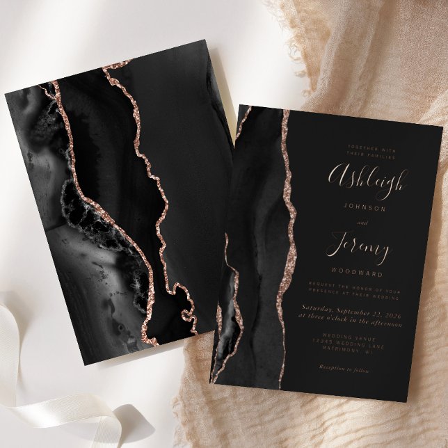 Modern Rose Gold Black Agate Dark Wedding Foil Invitation (Creator Uploaded)