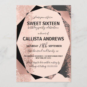 Modern Rose Gold Black Blush Geometric Sweet 16 Invitation