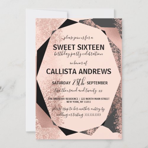 Modern Rose Gold Black Blush Geometric Sweet 16 Invitation