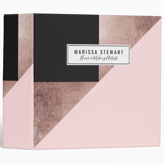 Modern Rose Gold Black Blush Pink Geometric 3 Ring Binder (Front/Spine)
