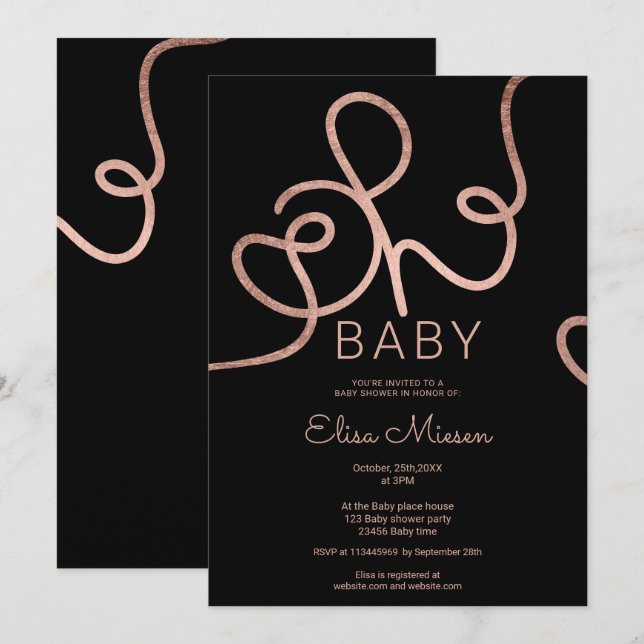 Modern rose gold black calligraphy Oh baby shower Invitation (Front/Back)