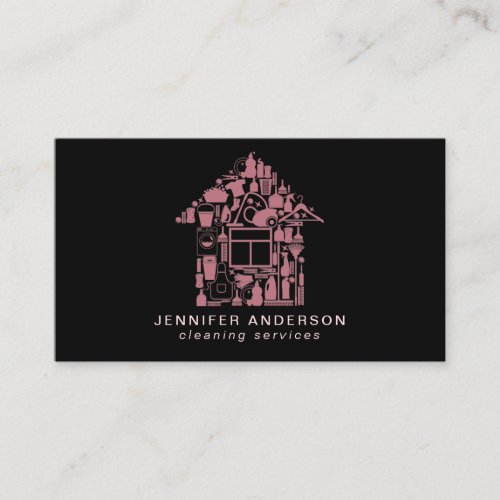 Modern Rose Gold  Black Cleaning Services Business Card