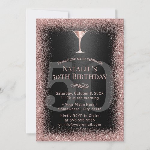 Modern Rose Gold  Black Cocktail 50th Birthday Invitation
