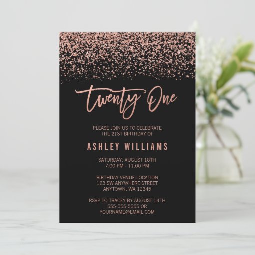 Modern Rose Gold Black Faux Glitter 21st Birthday Invitation | Zazzle