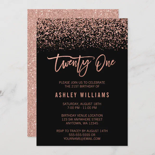 Modern Rose Gold Black Faux Glitter 21st Birthday Invitation | Zazzle