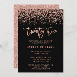 Modern Rose Gold Black Faux Glitter 21st Birthday Invitation