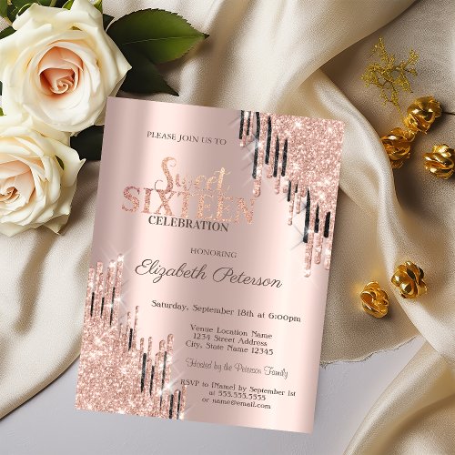 Modern Rose Gold Black Glitter Drips Sweet 16  Invitation