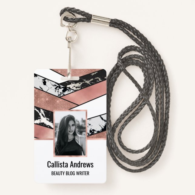 Modern Rose Gold Black Glitter Marble Geometric Badge (Front with Lanyard)
